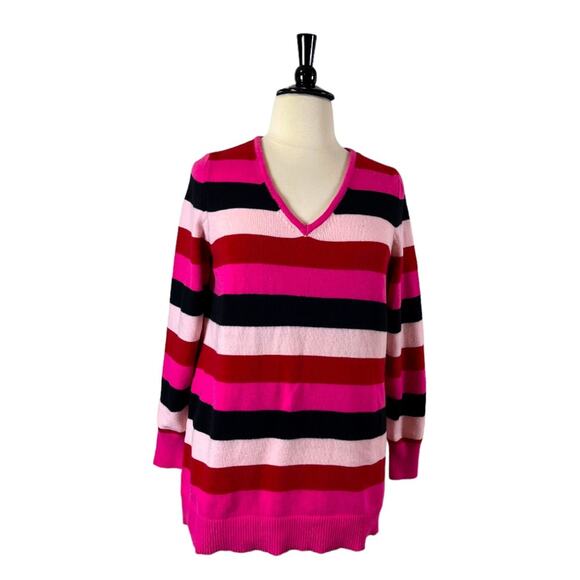 Lane Bryant Sweater V-neck Long Sleeves Pink Red Stripes Women’s Size 14/16 - Picture 1 of 11